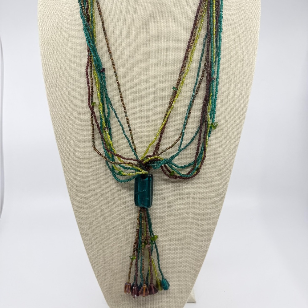 Boho Multi Strand Seed Bead Necklace Teal Statement Tassel Earthy Layered Piece